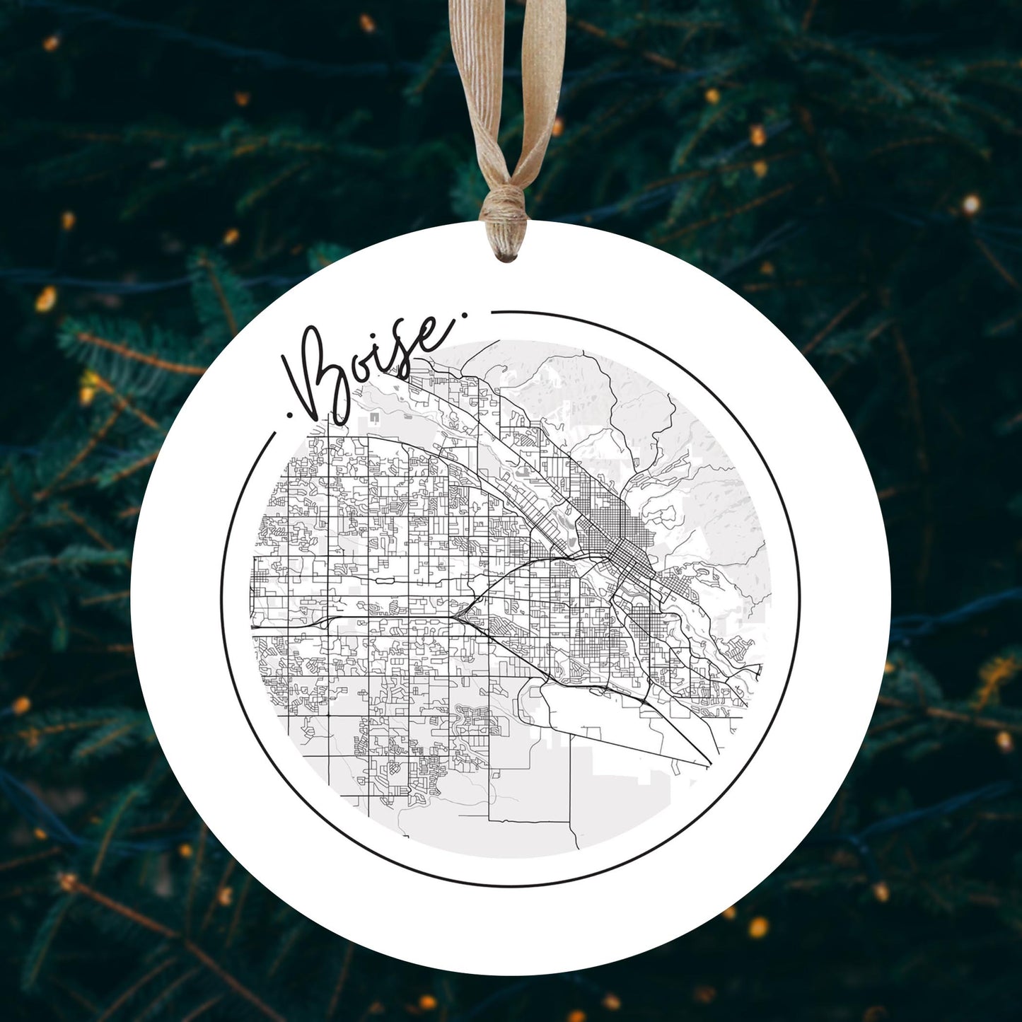 Minimalist B&W Idaho Boise Circle Map | Wood Ornament | Eaches | Min 1