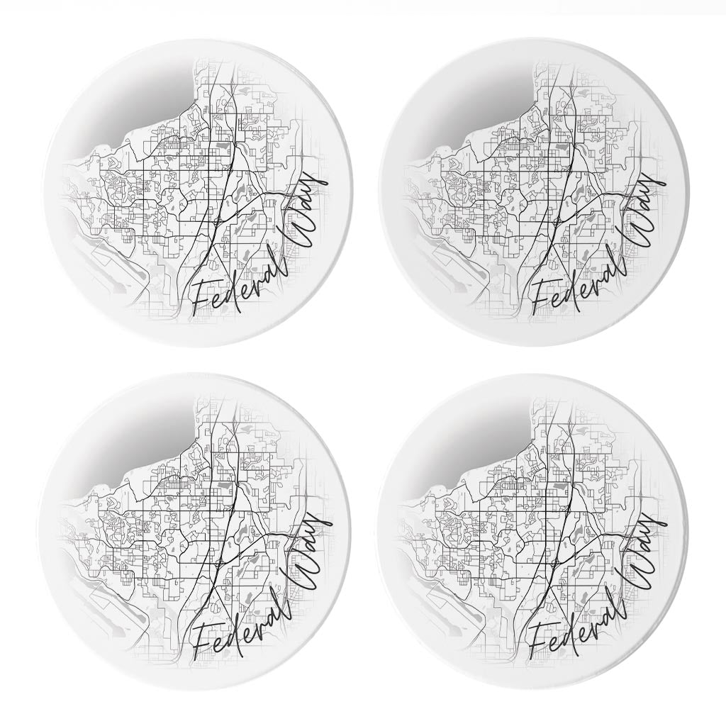 Minimalistic B&W Washington Federal Way Circle Map | Absorbent Coasters | Set of 4 | Min 2