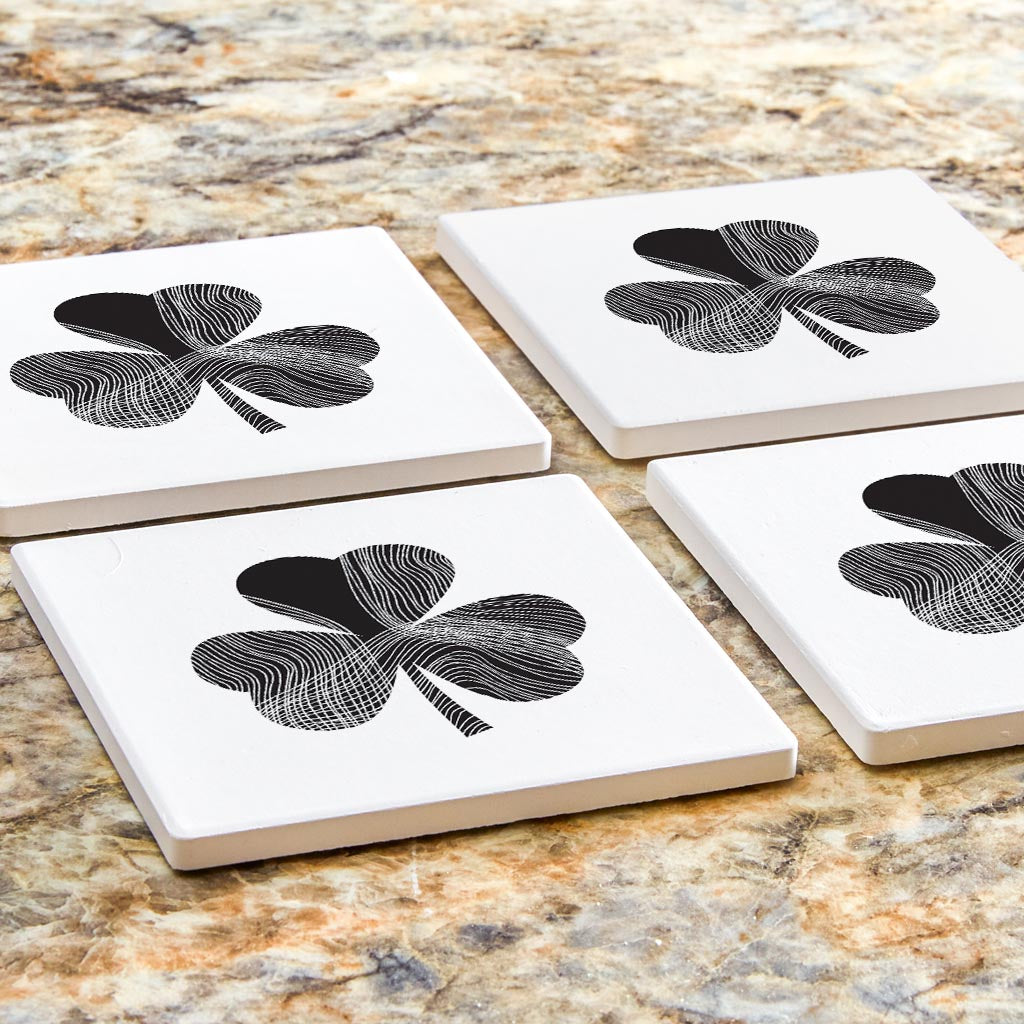 Minimalistic B&W Shamrock Shape Fluid Lines | Absorbent Coasters | Set of 4 | Min 2