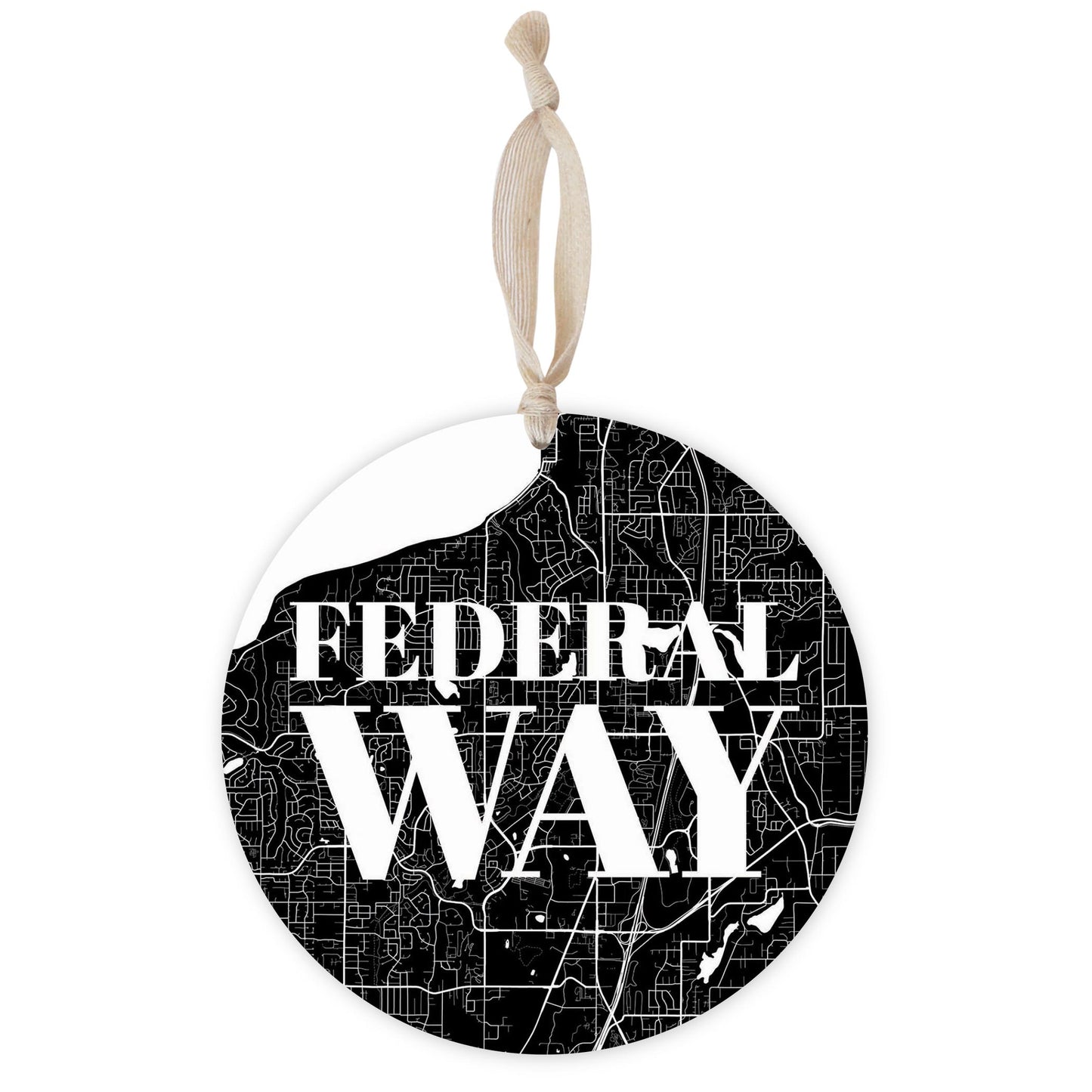 Minimalistic B&W Washington Federal Way Map | Wood Ornament | Eaches | Min 1