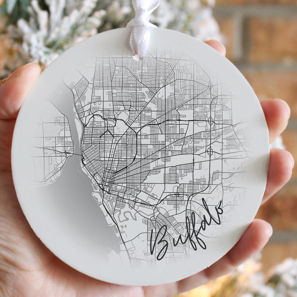 Minimalistic B&W New York Buffalo Faded Circle Map | Wood Ornament | Eaches | Min 6