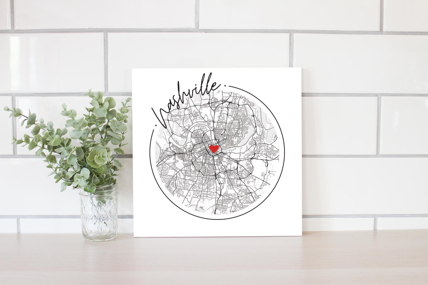 Minimalist B&W Tennessee Nashville Circle Map Heart | Wood Sign | Eaches | Min 2