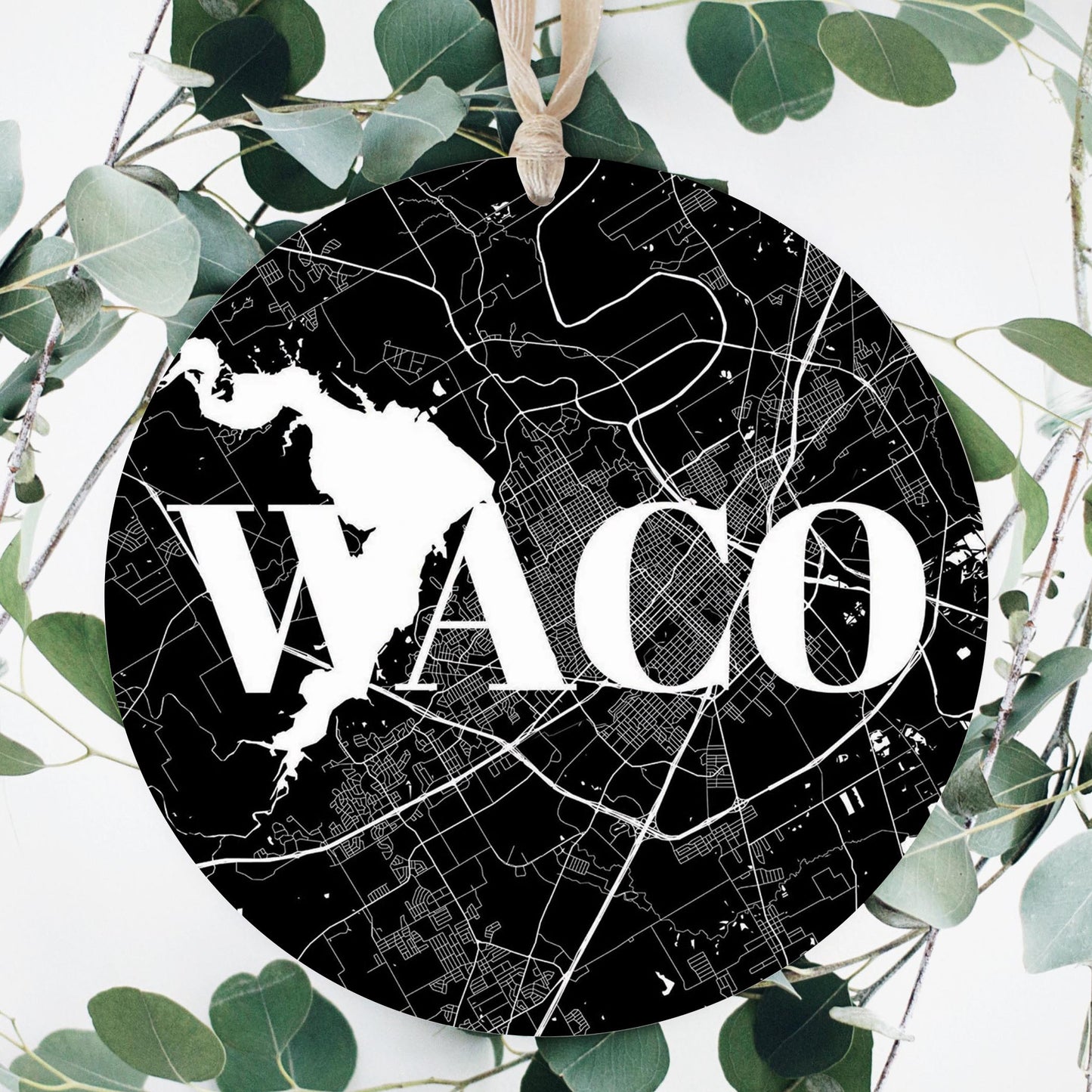 Minimalistic B&W Texas Waco Map | Wood Ornament | Eaches | Min 1