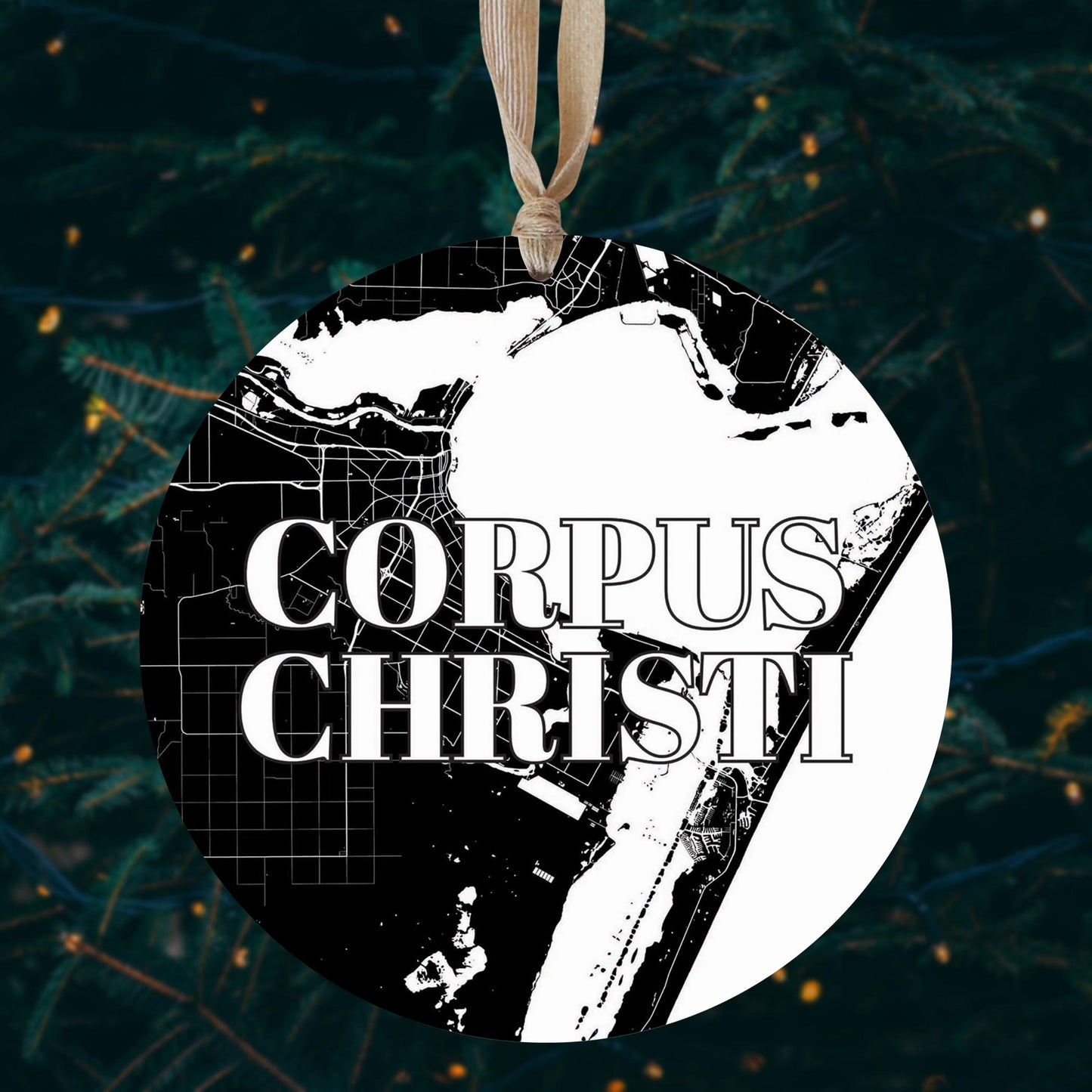 Minimalistic B&W Texas Corpus Christi Map | Wood Ornament | Eaches | Min 1