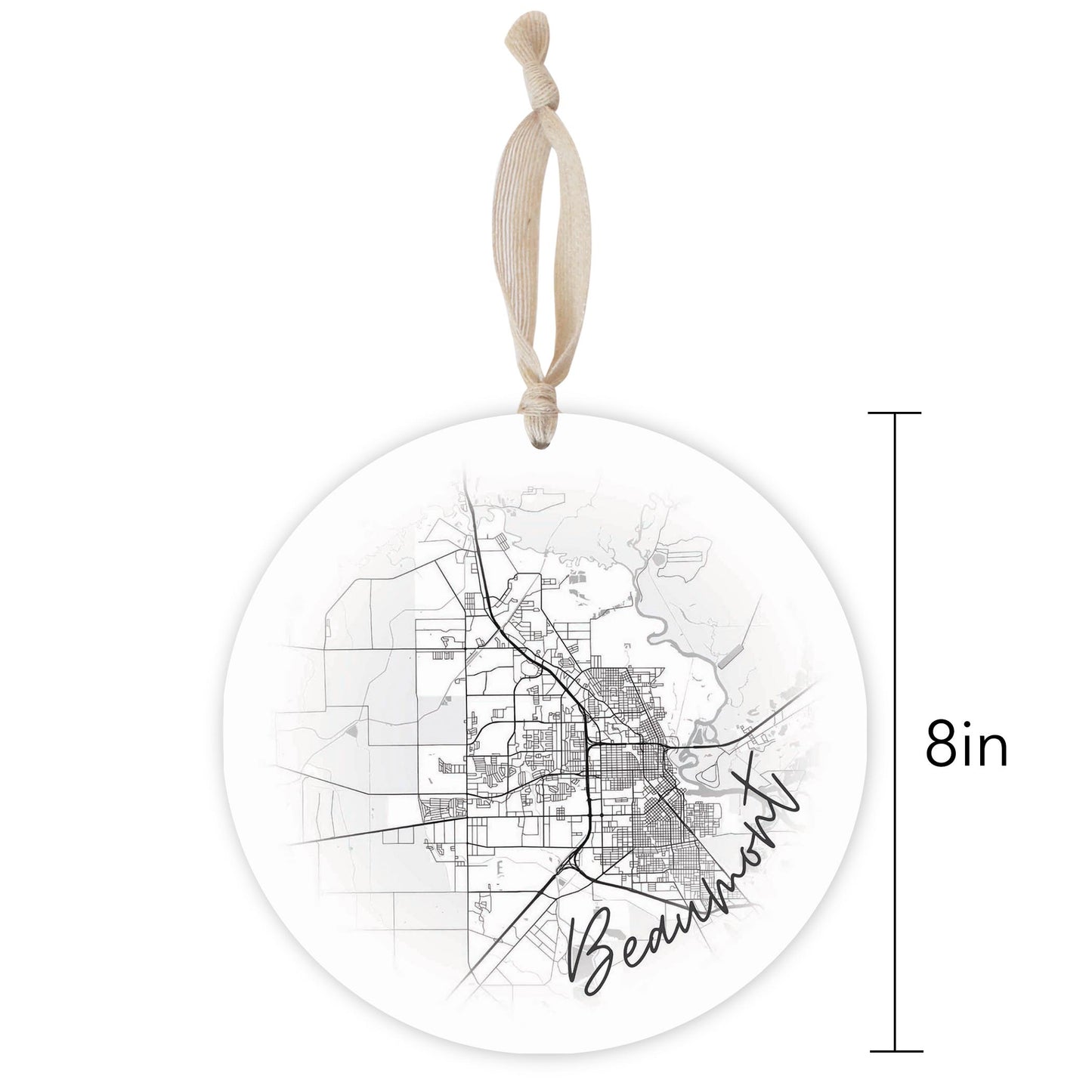 Minimalistic B&W Texas Beaumont Circle Map | Wood Ornament | Eaches | Min 1