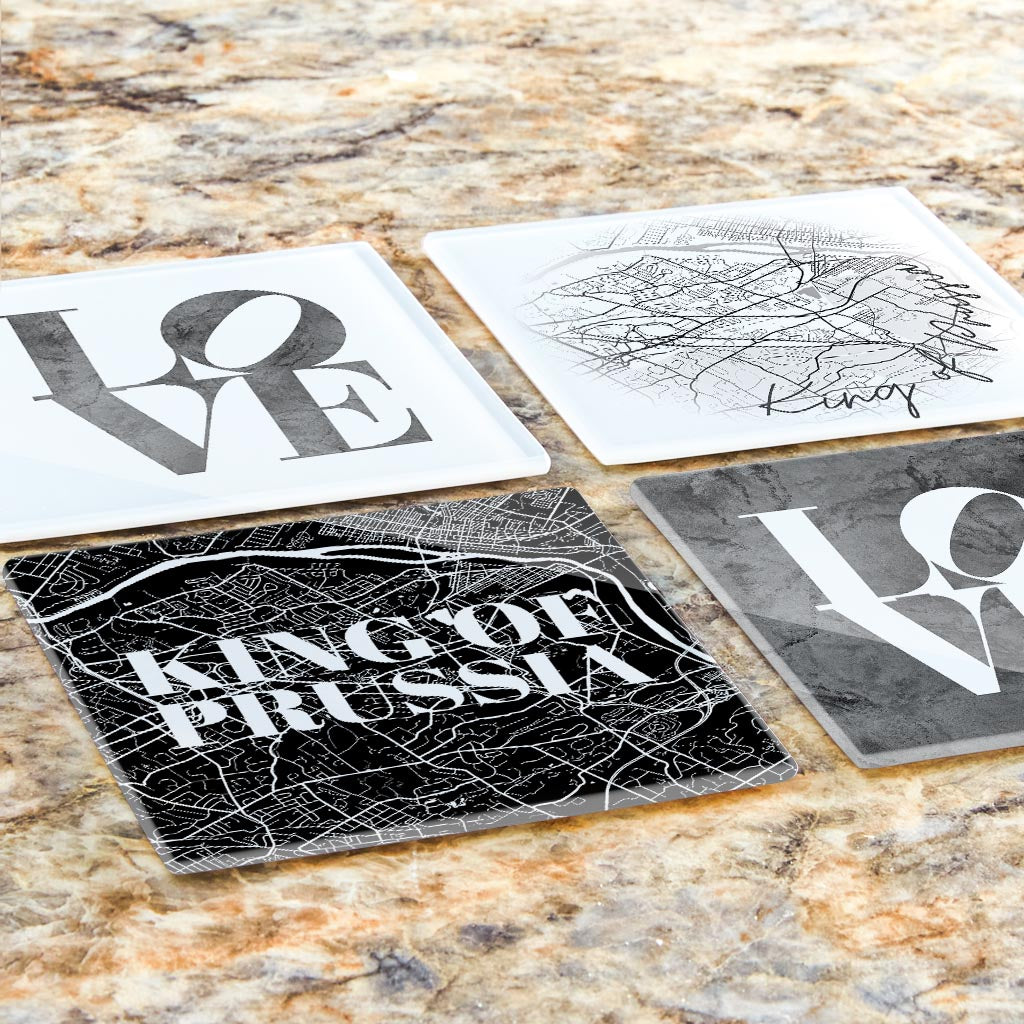 Minimalistic B&W Pennsylvania King Of Prussia Maps Love | Hi-Def Glass Coasters | Set of 4 | Min 2