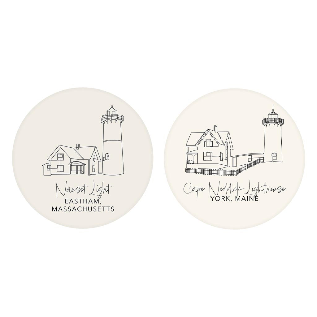 New England Lighthouses Cream Colored | Absorbent Car Coasters | Set of 2 | Min 4