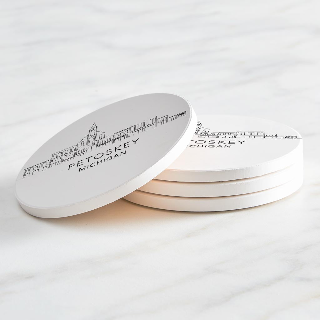 Minimalistic B&W Michigan Petoskey Skyline | Absorbent Coasters | Set of 4 | Min 2