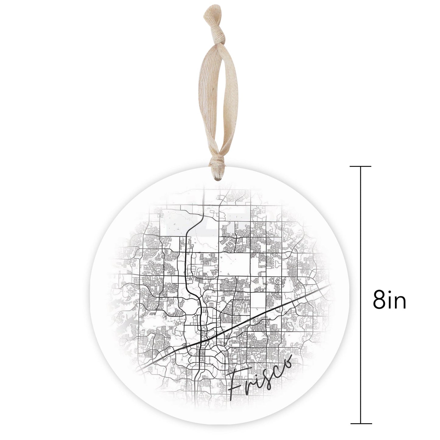 Minimalistic B&W Texas Frisco Circle Map | Wood Ornament | Eaches | Min 1