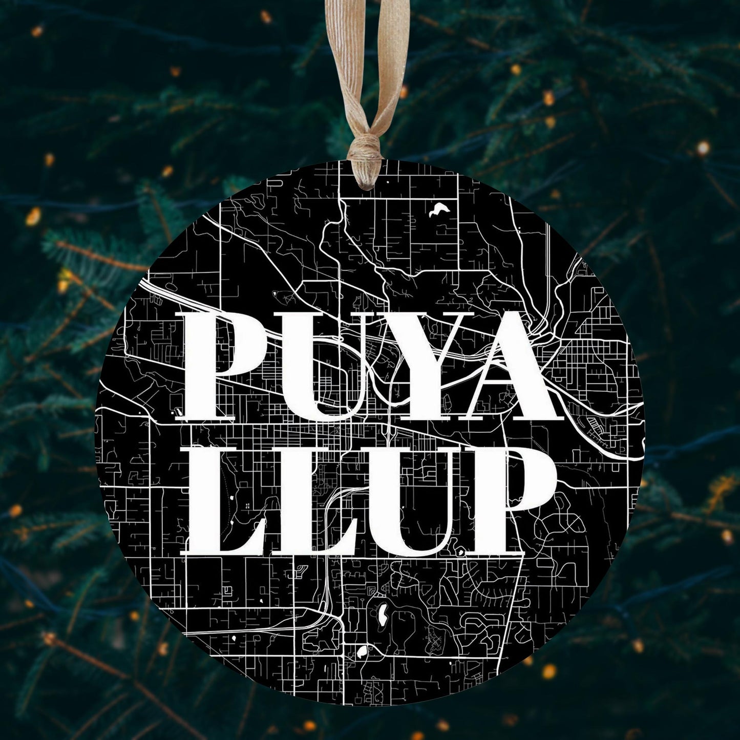 Minimalistic B&W Washington Puyallup Map | Wood Ornament | Eaches | Min 1