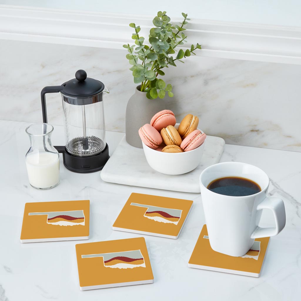 Modern Minimalist Oklahoma Orange Retro State Shape Hills| Absorbent Coasters | Set of 4 | Min 2