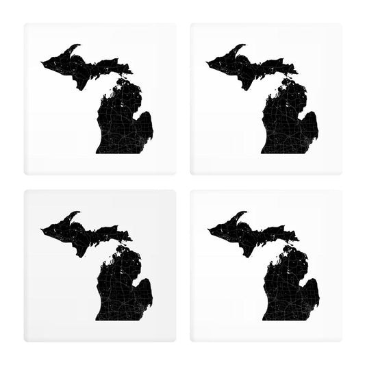 Minimalistic B&W Michigan Map Petoskey Star | Absorbent Coasters | Set of 4 | Min 2