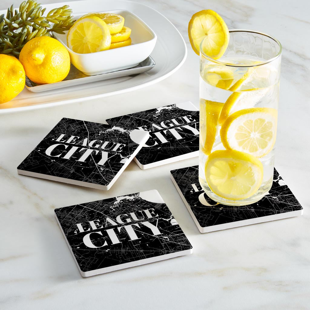 Minimalistic B&W Texas League City Map | Absorbent Coasters | Set of 4 | Min 2