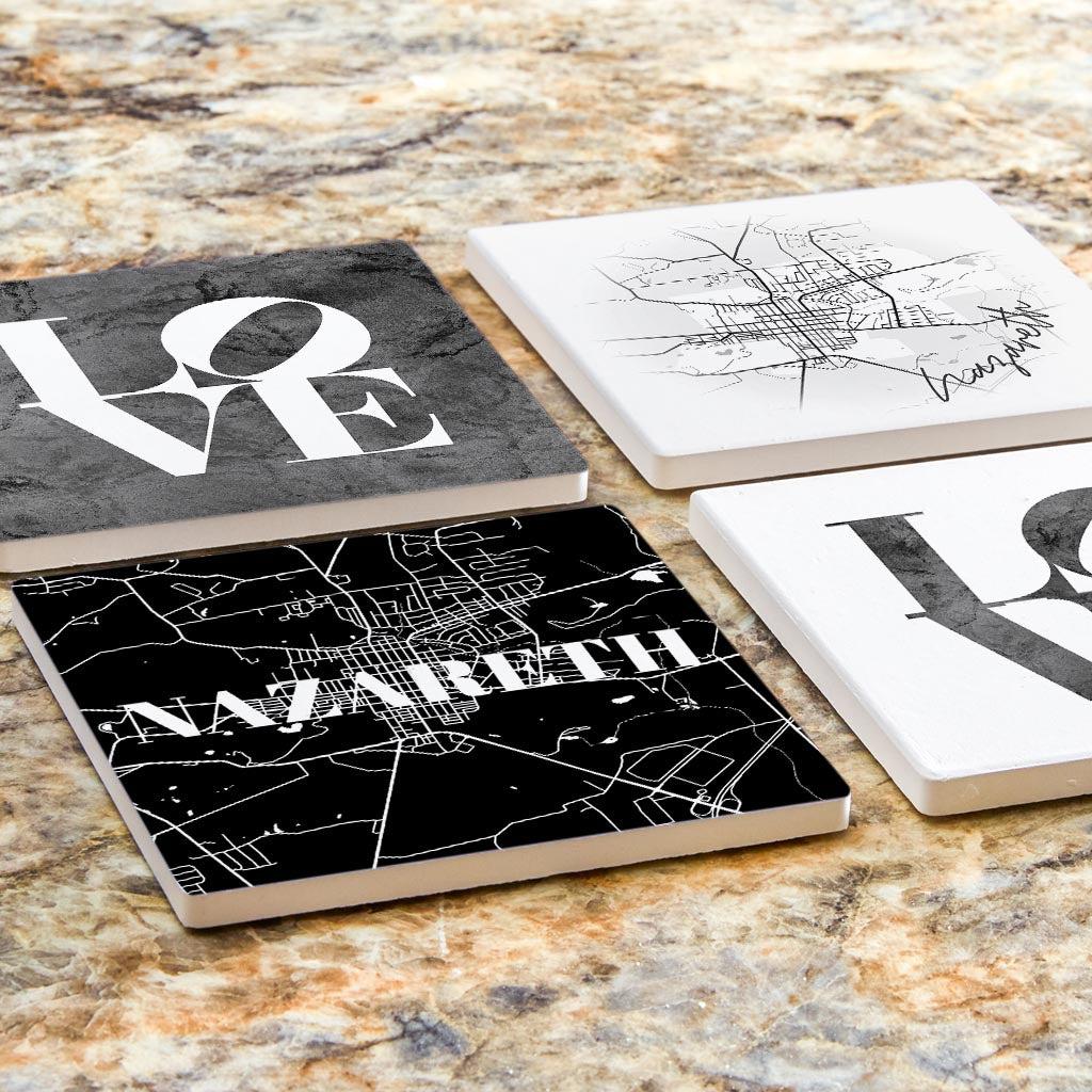 Minimalistic B&W Pennsylvania Nazareth Maps Love | Absorbent Coasters | Set of 4 | Min 2