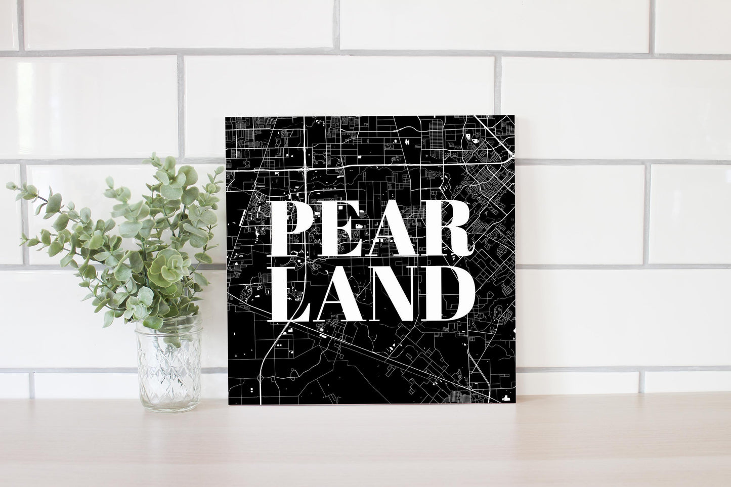 Minimalistic B&W Texas Pearland City Map | Wood Sign | Eaches | Min 2