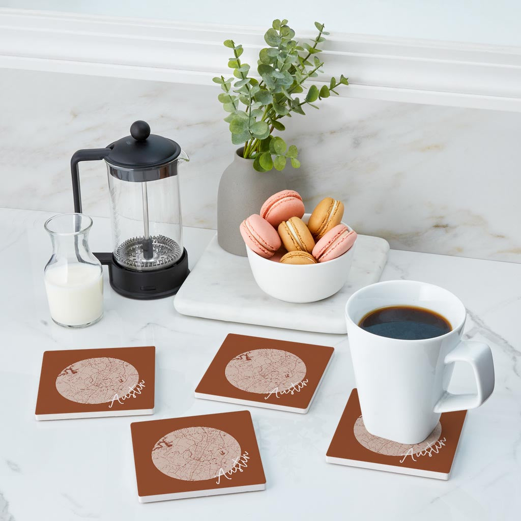 Modern Minimalist Texas Austin Circle Map | Absorbent Coasters | Set of 4 | Min 2