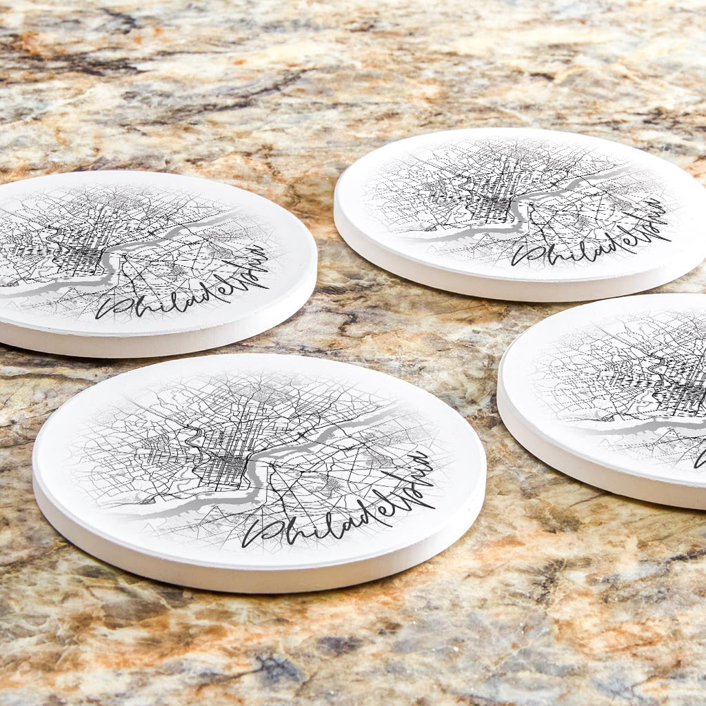 Minimalistic B&W Pennsylvania Philadelphia Circle Map | Absorbent Coasters | Set of 4 | Min 2