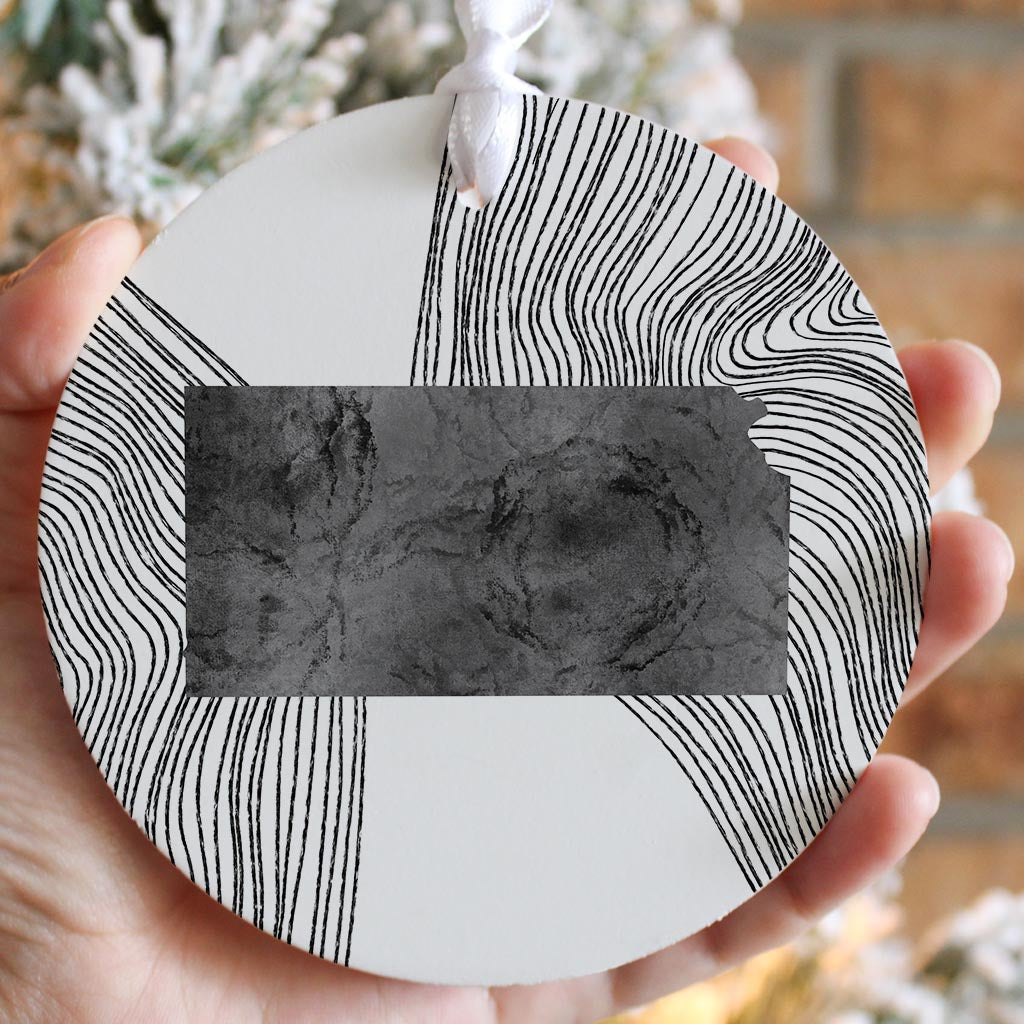 Minimalist B&W Kansas State With Fluid Lines | Wood Ornament | Eaches | Min 6