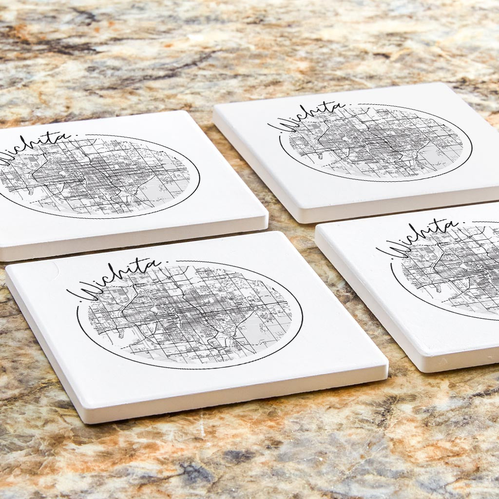 Minimalist B&W Kansas Wichita Circle Map | Absorbent Coasters | Set of 4 | Min 2