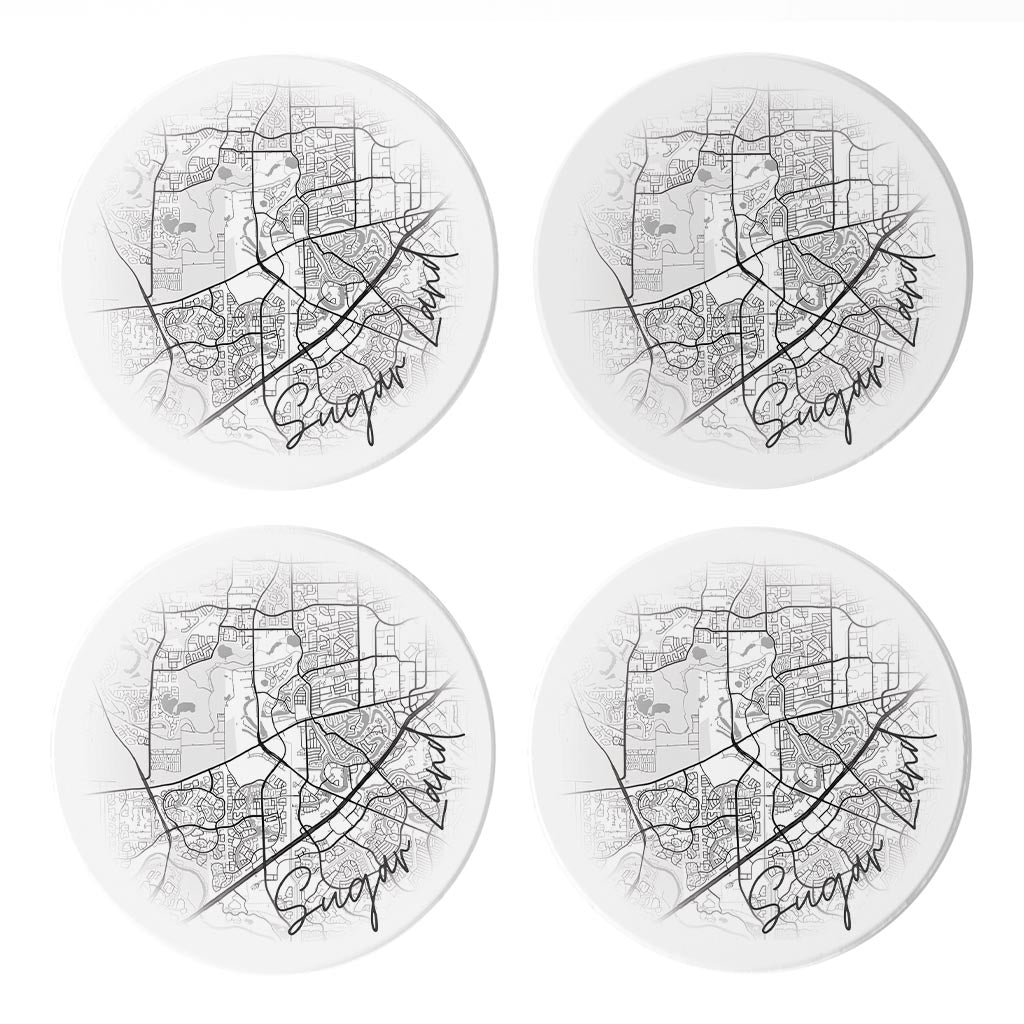 Minimalistic B&W Texas Sugarland Circle Map | Absorbent Coasters | Set of 4 | Min 2