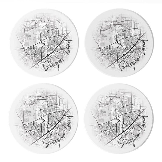 Minimalistic B&W Texas Sugarland Circle Map | Absorbent Coasters | Set of 4 | Min 2