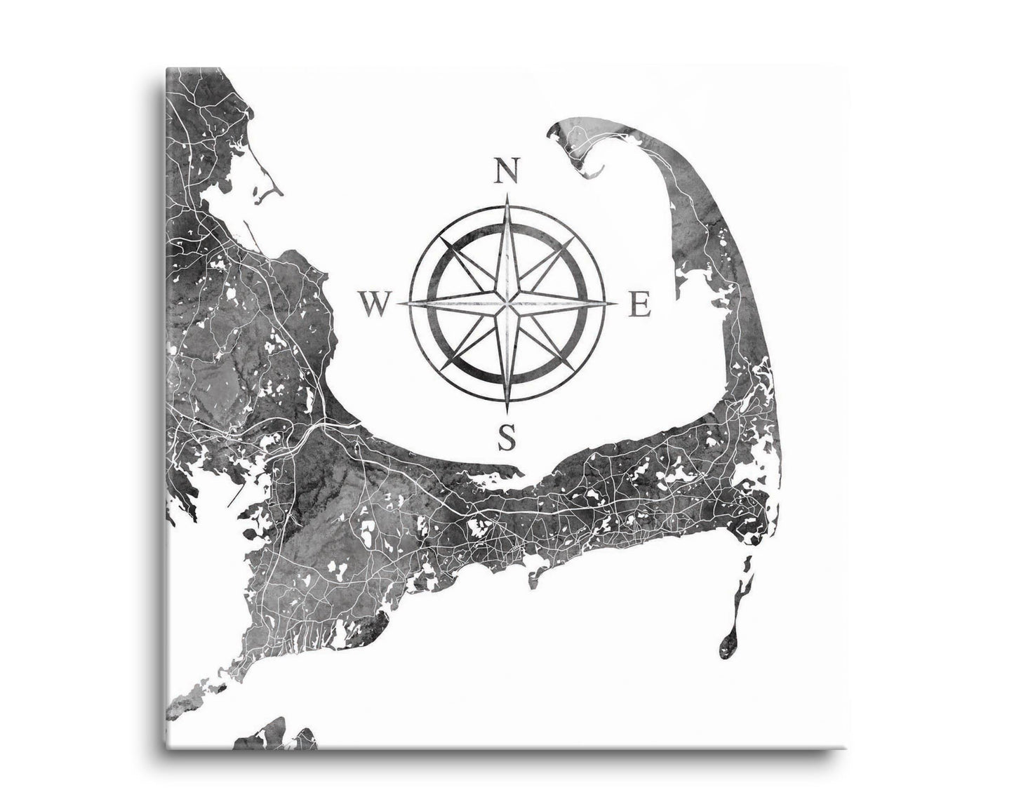 Minimalistic B&W Cape Cod Map With Compass | Hi-Def Glass Art | Eaches | Min 2