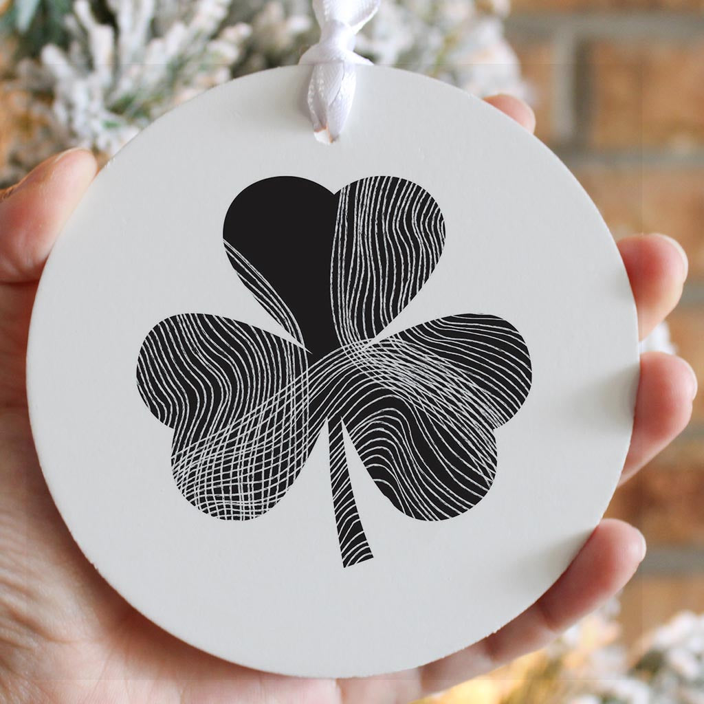 Minimalistic B&W Shamrock Shape Fluid Lines | Wood Ornament | Eaches | Min 6