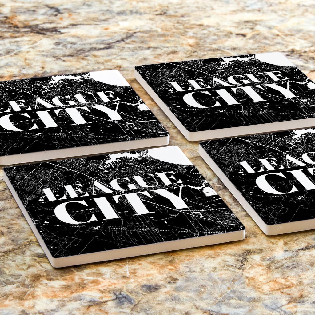 Minimalistic B&W Texas League City Map | Absorbent Coasters | Set of 4 | Min 2