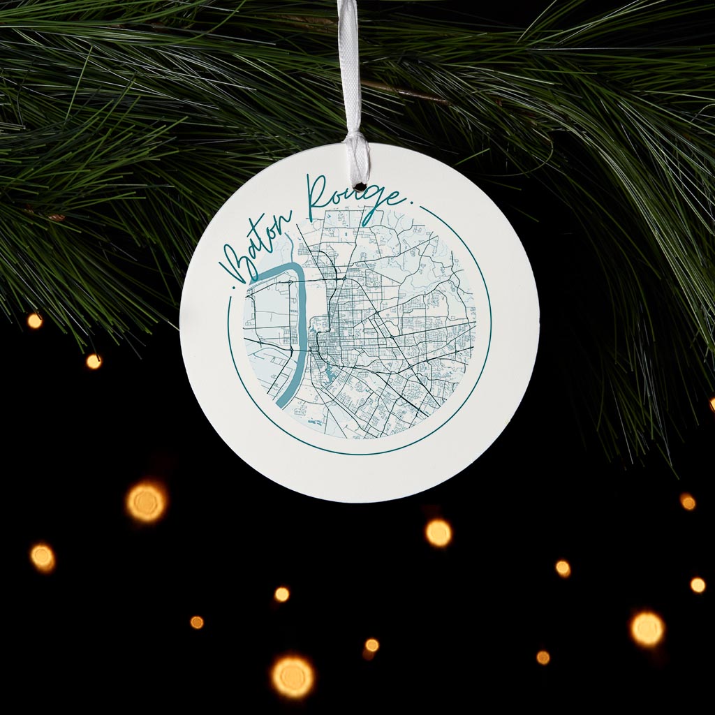 Blue White Baton Rouge Circle Map | Wood Ornament | Eaches | Min 6