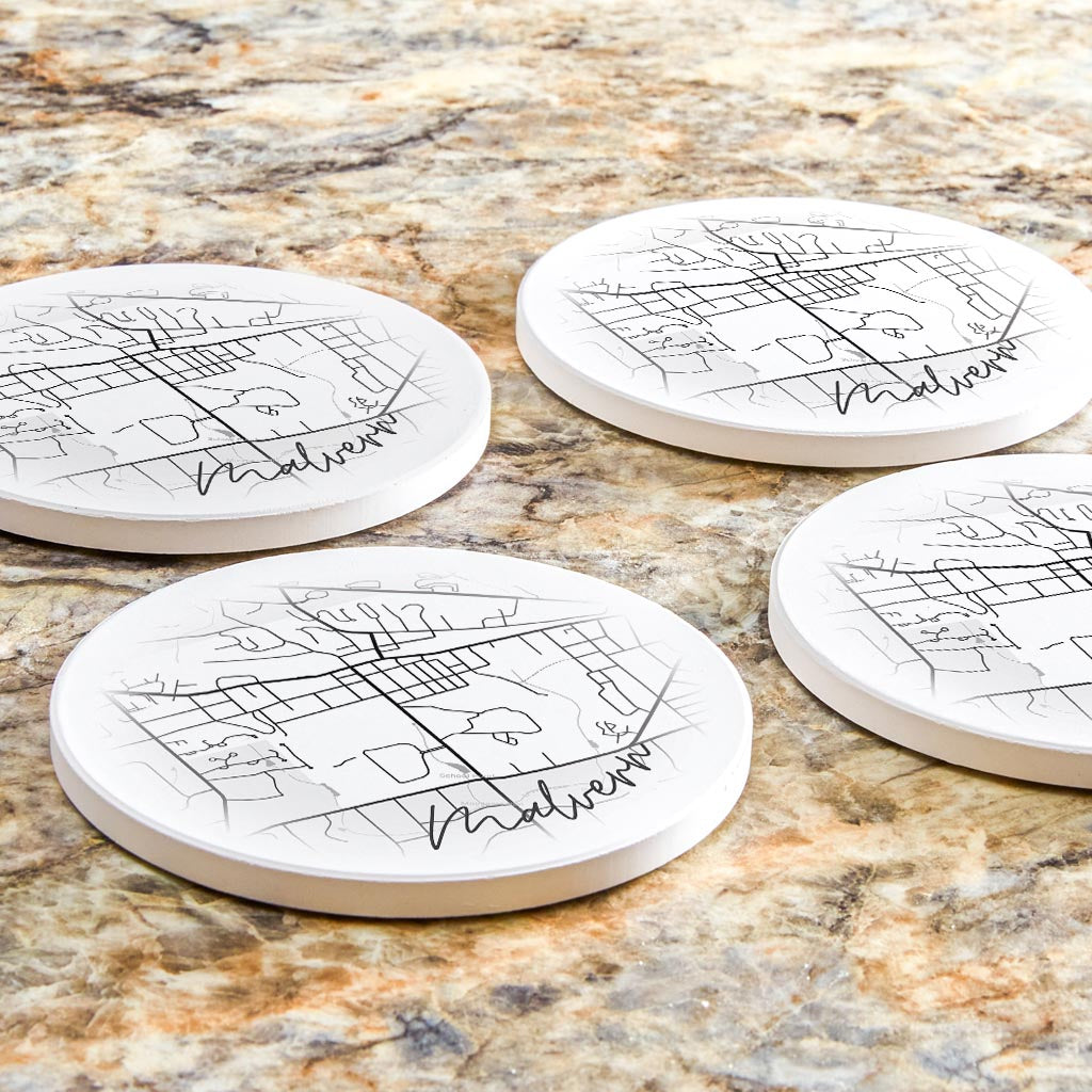 Minimalistic B&W Pennsylvania Malvern Circle Map | Absorbent Coasters | Set of 4 | Min 2