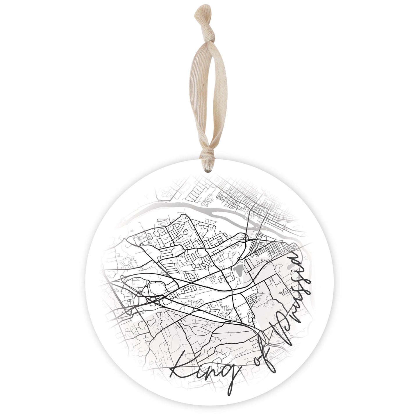 Minimalistic B&W Pennsylvania King Of Prussia Circle Map | Wood Ornament | Eaches | Min 1