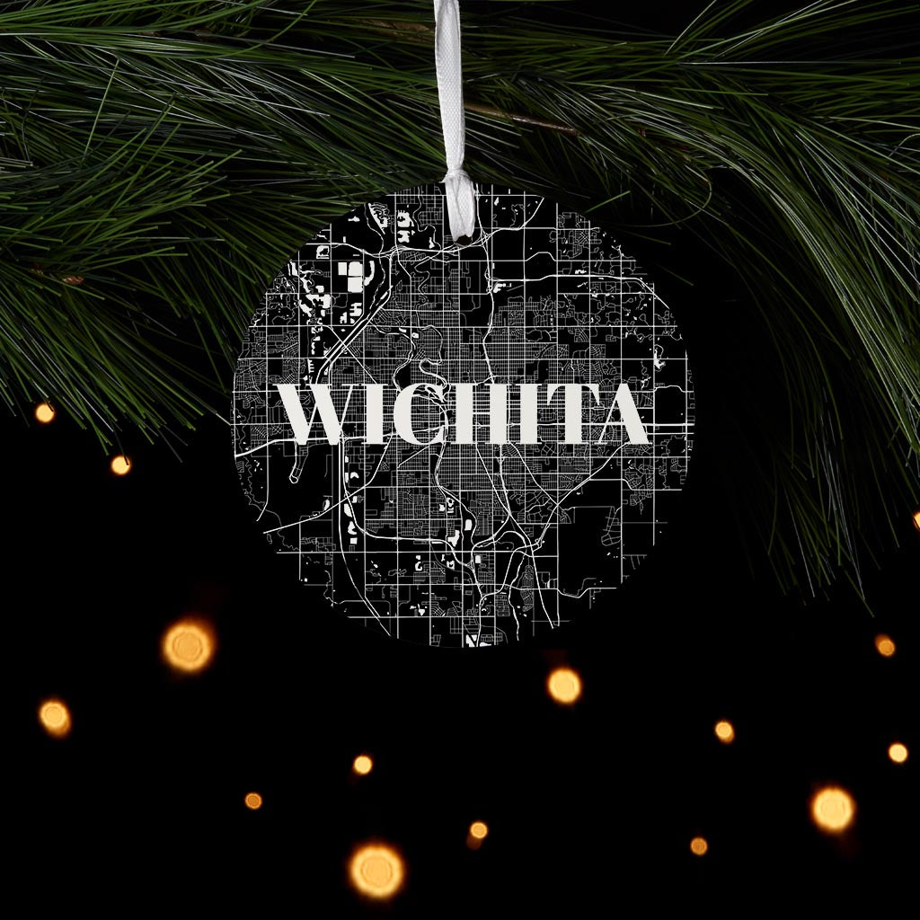 Minimalist B&W Kansas Wichita Map | Wood Ornament | Eaches | Min 6