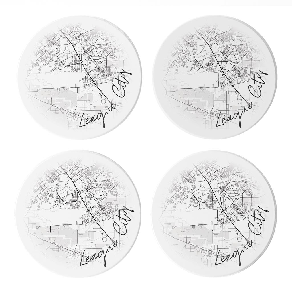 Minimalistic B&W Texas League City Circle Map | Absorbent Coasters | Set of 4 | Min 2