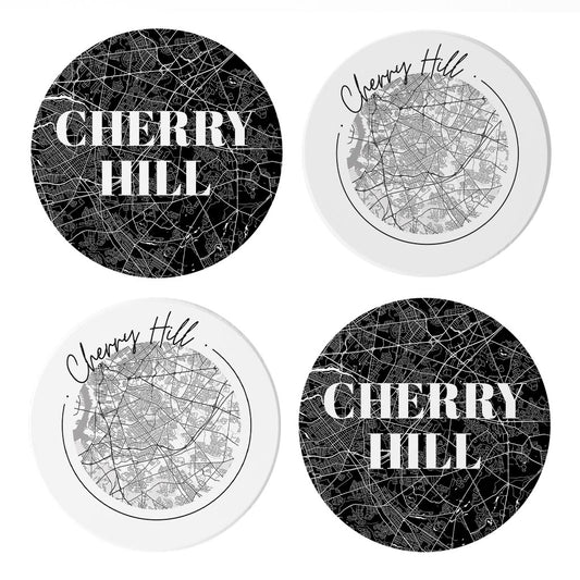 Minimalistic B&W New Jersey Cherry Hill Maps | Absorbent Coasters | Set of 4 | Min 2