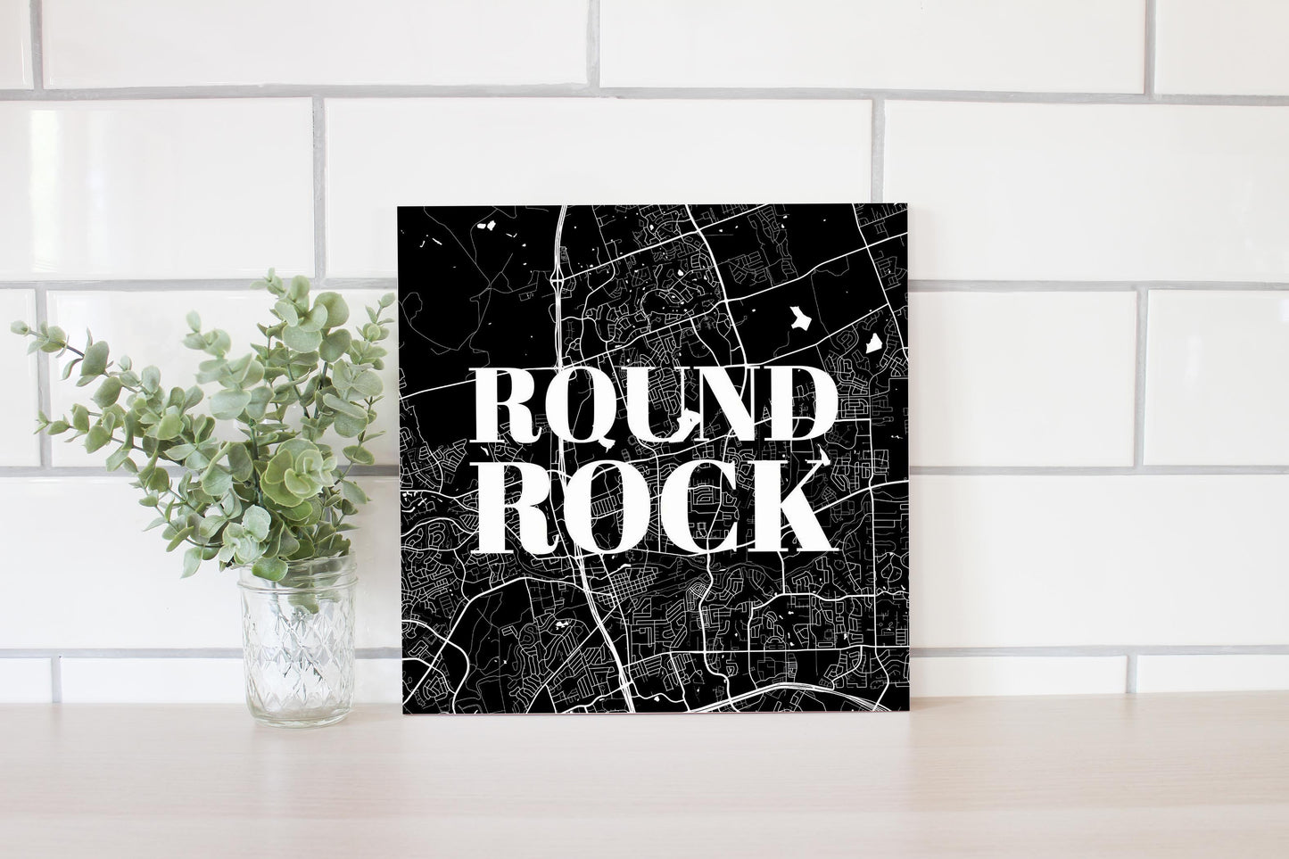 Minimalistic B&W Texas Round Rock Map | Wood Sign | Eaches | Min 2