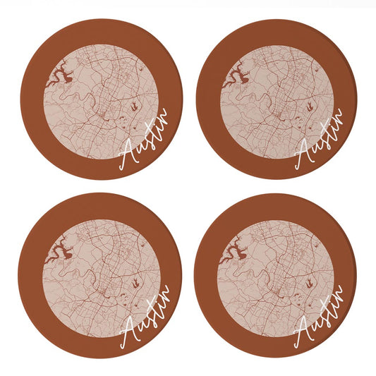 Modern Minimalist Texas Austin Circle Map | Absorbent Coasters | Set of 4 | Min 2