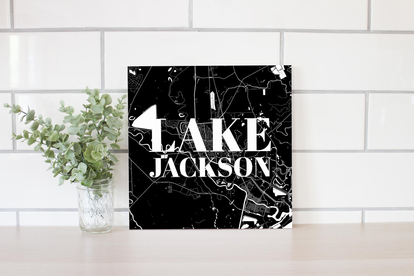 Minimalistic B&W Texas Lake Jackson Map | Wood Sign | Eaches | Min 2