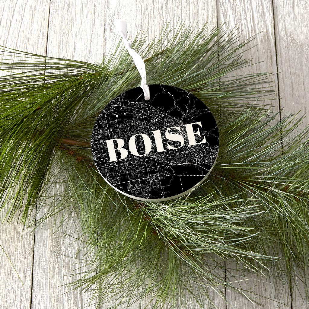 Minimalist B&W Idaho Boise Map | Wood Ornament | Eaches | Min 6