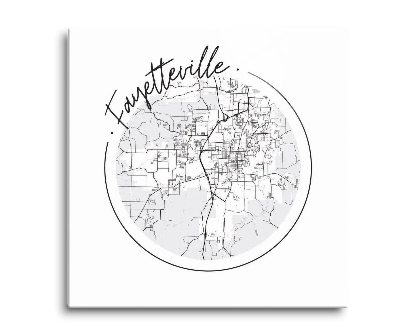 B&W Minimalist Arkansas Fayetteville Circle Map | Hi-Def Glass Art | Eaches | Min 2