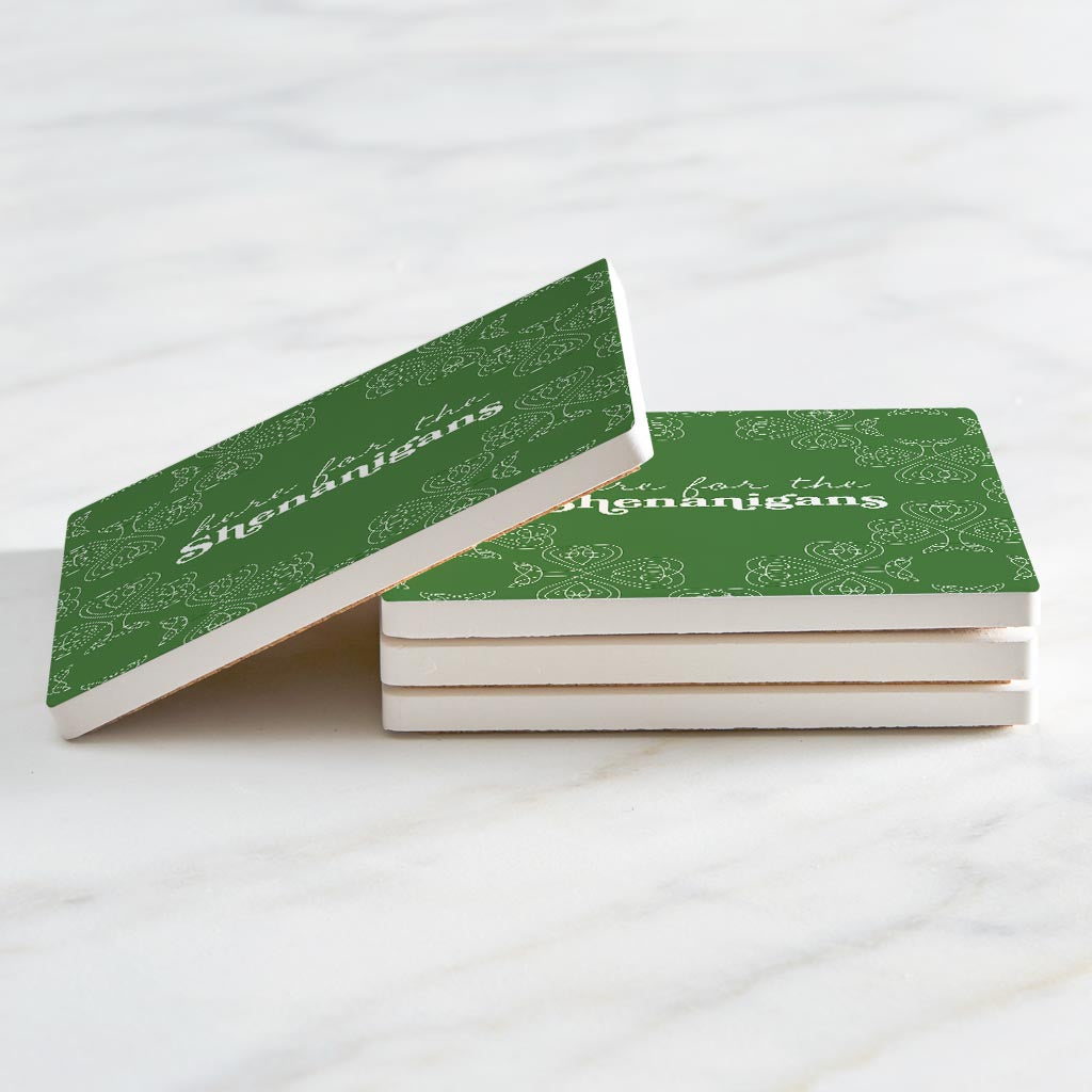 Dark Green Shamrock Here For The Shenanigans | Absorbent Coasters | Set of 4 | Min 2