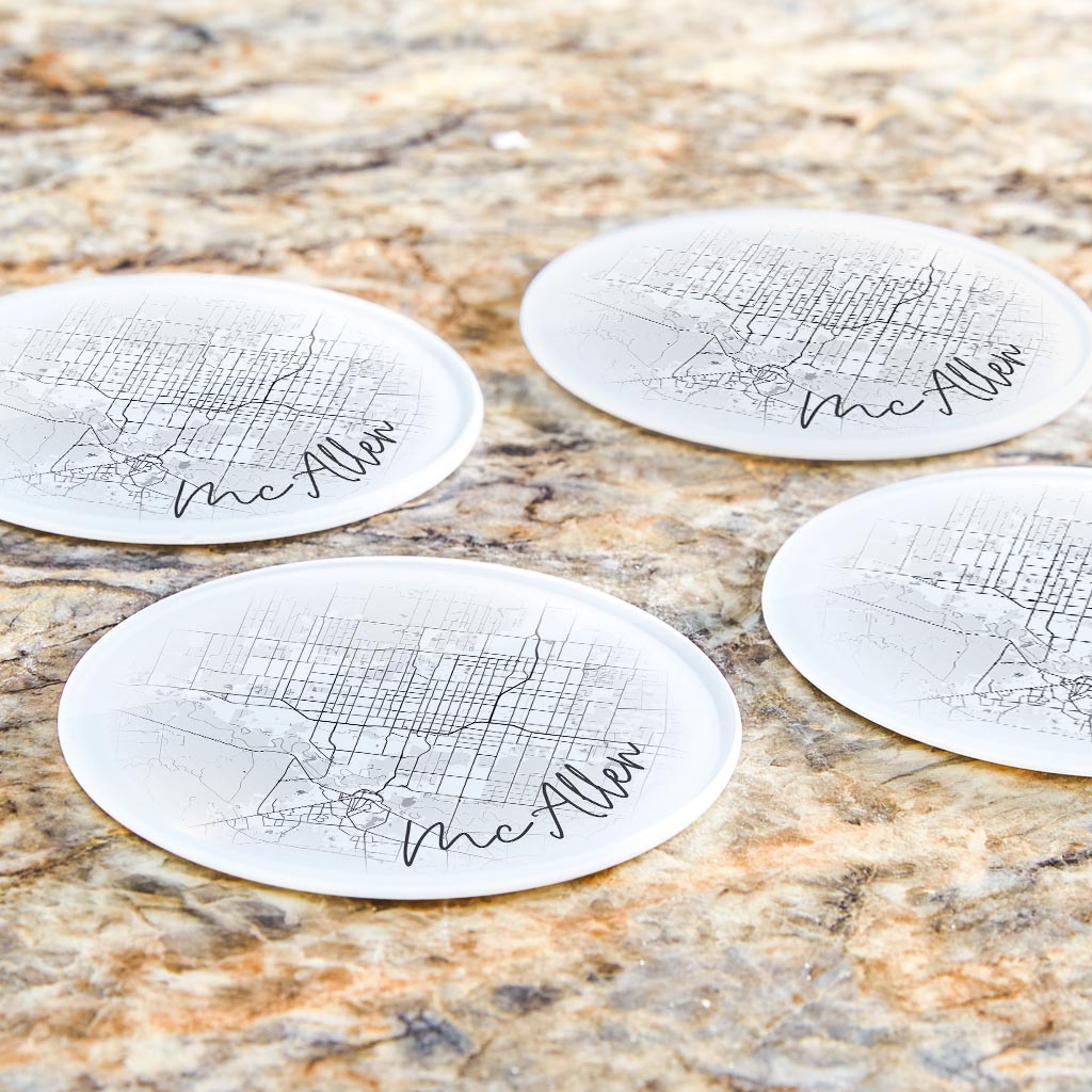 Minimalistic B&W Texas Mcallen Circle Map | Hi-Def Glass Coasters | Set of 4 | Min 2