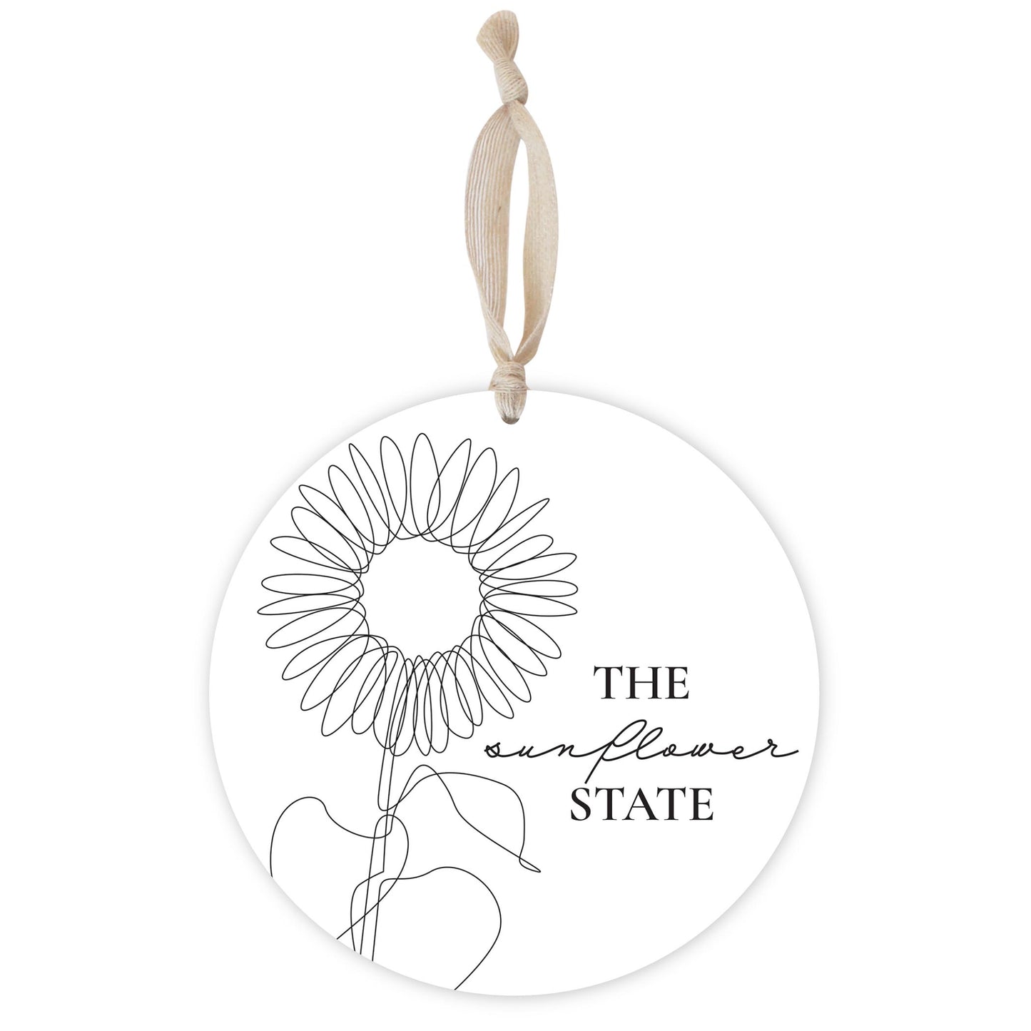 Minimalist B&W Kansas Sunflower Line Drawing | Wood Ornament | Eaches | Min 1