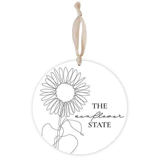 Minimalist B&W Kansas Sunflower Line Drawing | Wood Ornament | Eaches | Min 1