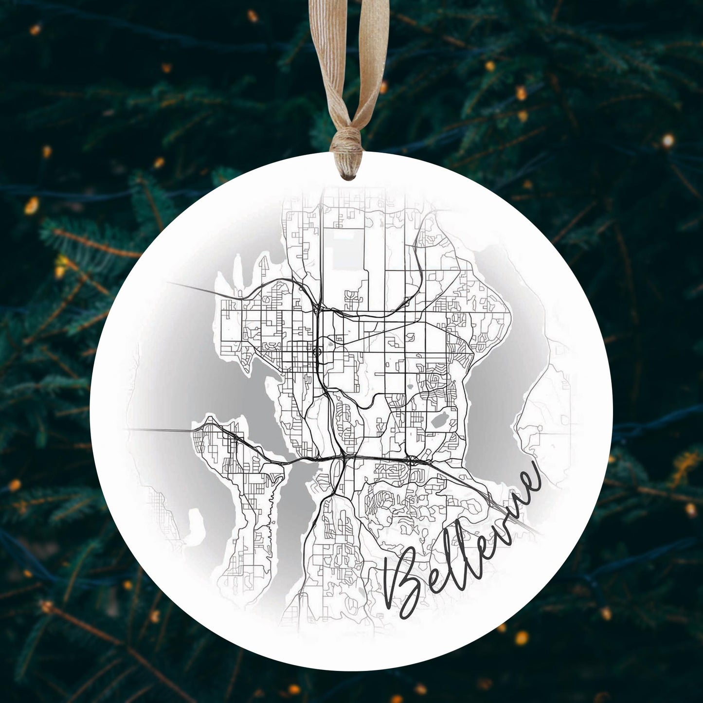 Minimalistic B&W Washington Bellevue Circle Map | Wood Ornament | Eaches | Min 1