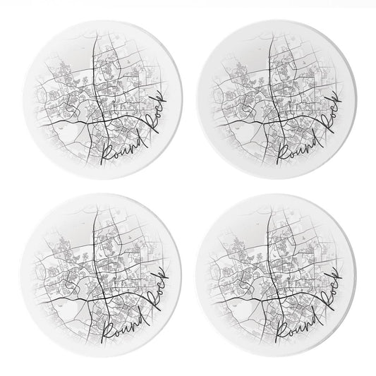 Minimalistic B&W Texas Round Rock Circle Map | Absorbent Coasters | Set of 4 | Min 2