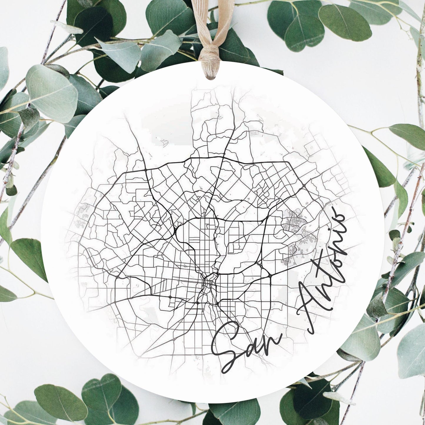 Minimalistic B&W Texas San Antonio Circle Map | Wood Ornament | Eaches | Min 1