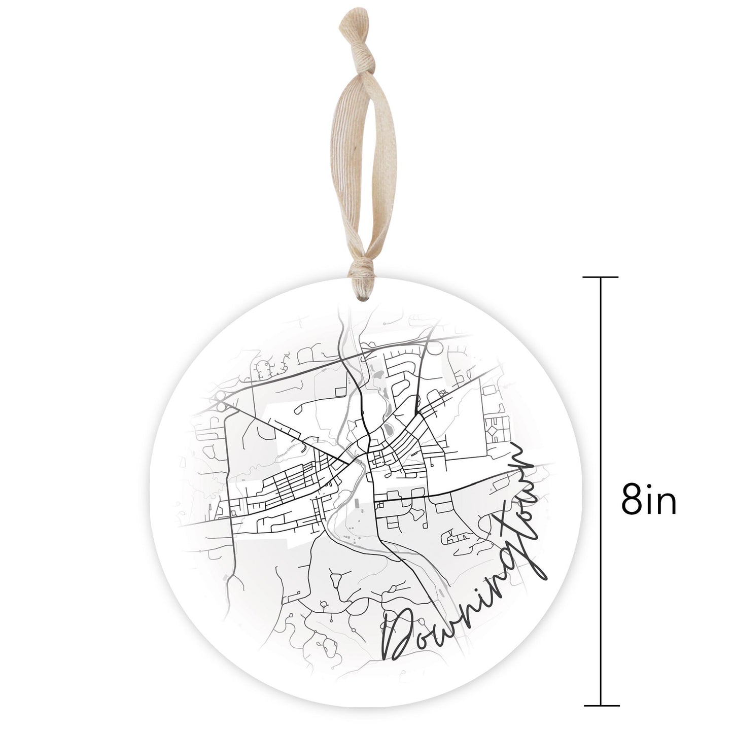 Minimalistic B&W Pennsylvania Downingtown Circle Map | Wood Ornament | Eaches | Min 1