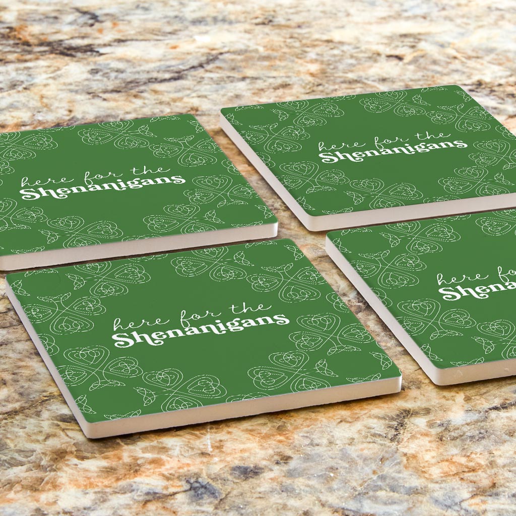 Dark Green Shamrock Here For The Shenanigans | Absorbent Coasters | Set of 4 | Min 2