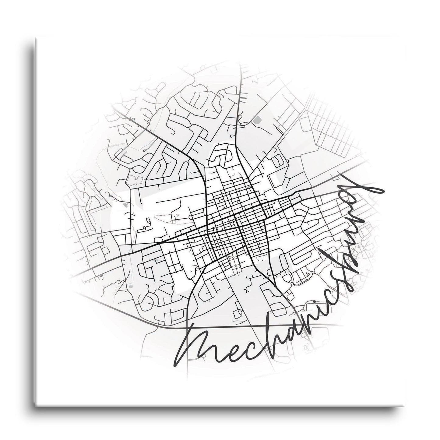 Minimalistic B&W Pennsylvania Mechanicsburg Circle Map | Hi-Def Glass Art | Eaches | Min 1