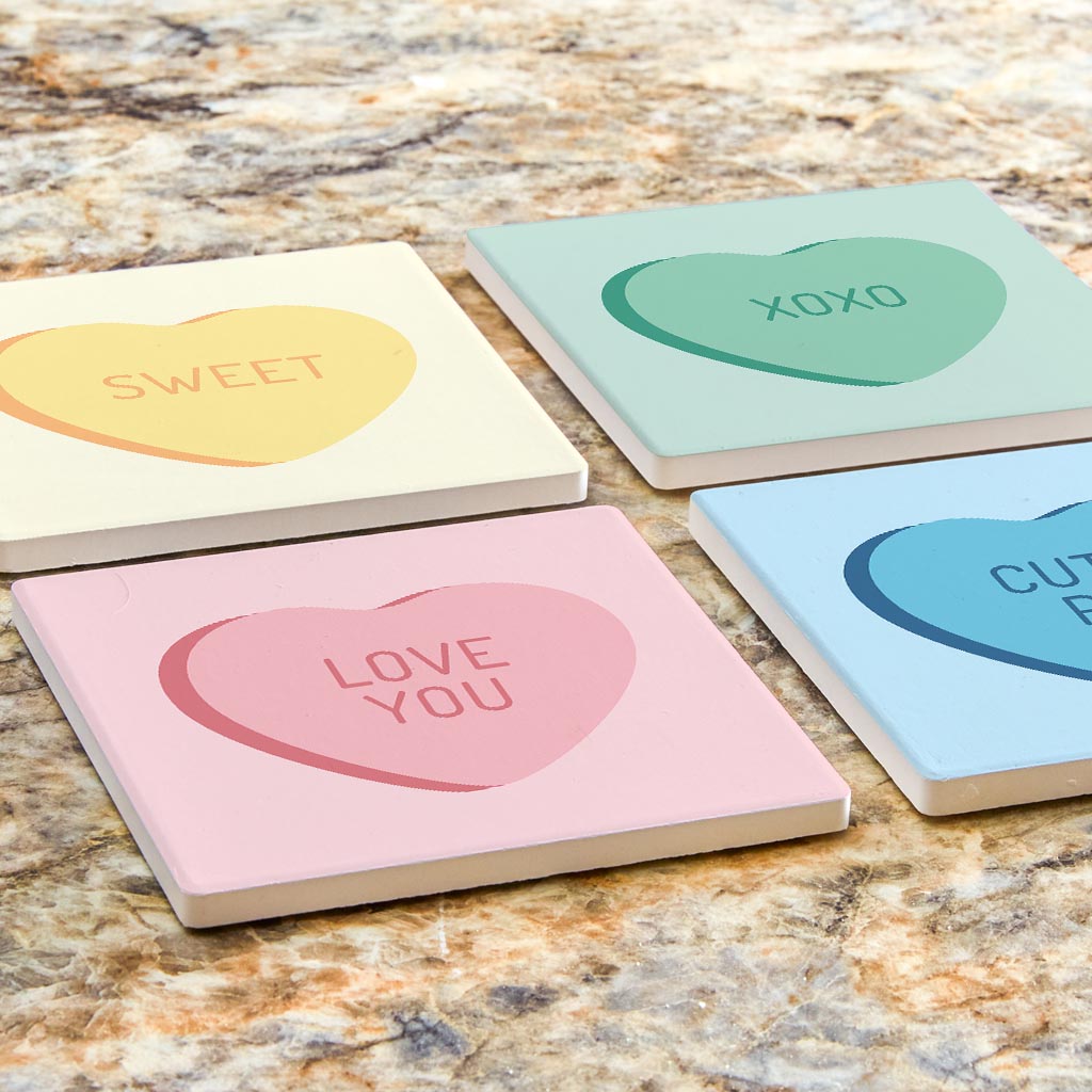 Cute Message Hearts With Sayings | Absorbent Coasters | Set of 4 | Min 2